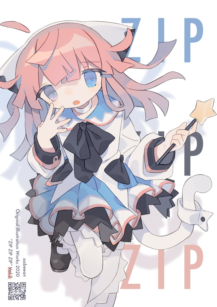 1girl :o absurdres ahoge animal_ears artist_name bangs black_bow black_footwear black_ribbon blue_eyes blue_skirt bow cat_ears cat_tail collared_shirt cover cover_page daizu_(melon-lemon) dated detached_ahoge drop_shadow english_text fake_animal_ears foot_against_wall foot_out_of_frame grey_eyes hairband hand_on_own_face hand_up heterochromia highres holding holding_wand long_hair long_sleeves looking_at_viewer mary_janes multicolored_clothes multicolored_skirt neck_ribbon open_mouth original pink_hair qr_code ribbon shirt shoes skirt solo standing standing_on_one_leg star_(symbol) tail tail_ornament thighhighs wand white_background white_hairband white_legwear white_shirt white_skirt