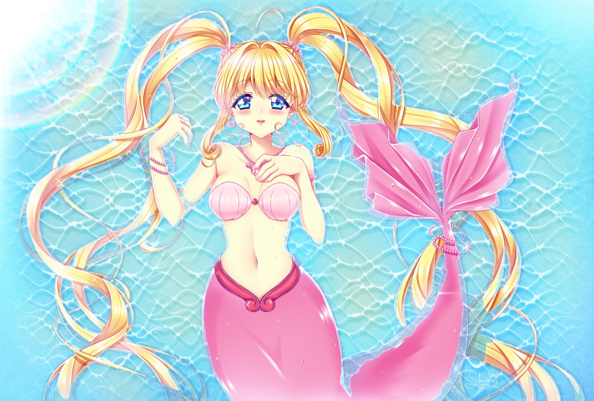1girl ahoge bangs bare_shoulders blonde_hair blue_eyes blush bracelet breasts cleavage collarbone commentary_request commission earrings glint hair_between_eyes hair_intakes hair_ornament hand_on_own_chest hands_up highres jewelry lens_flare long_hair looking_at_viewer lying lying_on_water medium_breasts mermaid mermaid_melody_pichi_pichi_pitch monster_girl nanami_lucia navel necklace on_back parted_lips pearl_bracelet pearl_necklace shell shell_bikini shell_earrings shell_necklace shirato_sayuri sidelocks signature skeb_commission smile solo stomach tail tail_ornament twintails very_long_hair