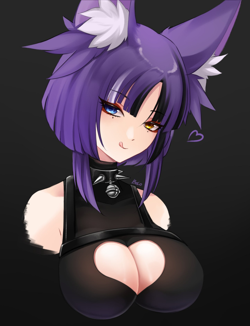 1girl animal_ear_fluff animal_ears artist_name awful_queen_(vtuber) bell belo black_background breasts cat clothing_cutout fox_ears fox_girl heart_cutout heterochromia highres indie_virtual_youtuber just large_breasts looking_at_viewer monster_girl official_alternate_costume parted_lips portrait purple_hair short_hair solo tongue tongue_out virtual_youtuber