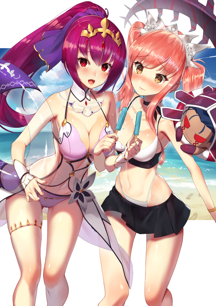 1boy 2girls :d alternate_costume alternate_hairstyle bangs beach bikini blue_hair blue_sky blush breasts chibi cleavage embarrassed fate/grand_order fate_(series) food hair_between_eyes headpiece highres hood inflatable_toy large_breasts life_ring locked_arms long_hair looking_at_another looking_at_viewer medb_(fate)_(all) medb_(swimsuit_saber)_(fate) medium_breasts mini_cu-chan multiple_girls navel open_mouth outdoors pink_bikini pink_hair popsicle purple_hair purple_ribbon red_eyes ribbon scathach_(fate)_(all) scathach_skadi_(fate/grand_order) sky smile sukocchi swimsuit tail twintails white_bikini yellow_eyes