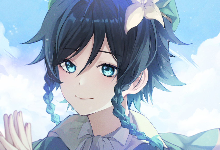 1boy androgynous bangs beret black_hair blue_hair braid cape closed_mouth cloud cloudy_sky collared_cape collared_shirt commentary_request day flower genshin_impact gradient_hair green_cape green_eyes green_headwear hair_flower hair_ornament hat hat_flower highres jira_(0116) korean_commentary leaf male_focus multicolored_hair outdoors shirt short_hair_with_long_locks side_braids sidelocks sky smile solo twin_braids venti_(genshin_impact) white_flower white_shirt
