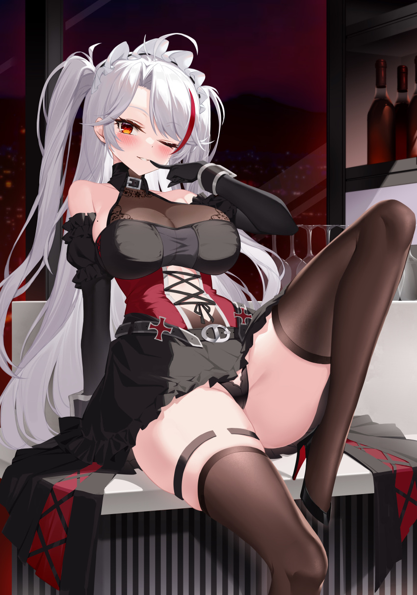 1girl absurdres alternate_costume azur_lane black_gloves black_hair bottle breasts elbow_gloves enmaided gloves highres large_breasts long_hair looking_at_viewer maid maid_headdress one_eye_closed prinz_eugen_(azur_lane) prinz_eugen_(kindred_evening_spirits)_(azur_lane) red_eyes sitting smile solo thighhighs thighs twintails underwear white_hair wine_bottle yuxian_youka