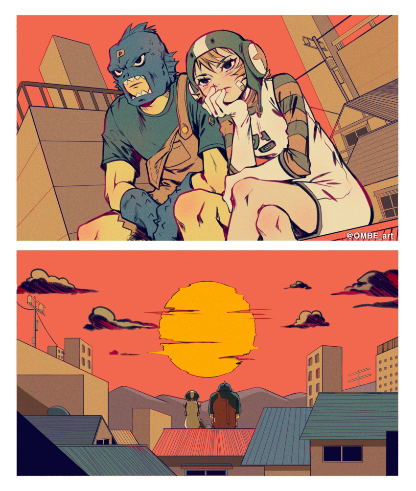 bandage_on_face bandages boots dress gloves gum_(jsr) helmet highres jam jet_set_radio mask ombeo_o overalls poison poison_jam shorts sunset