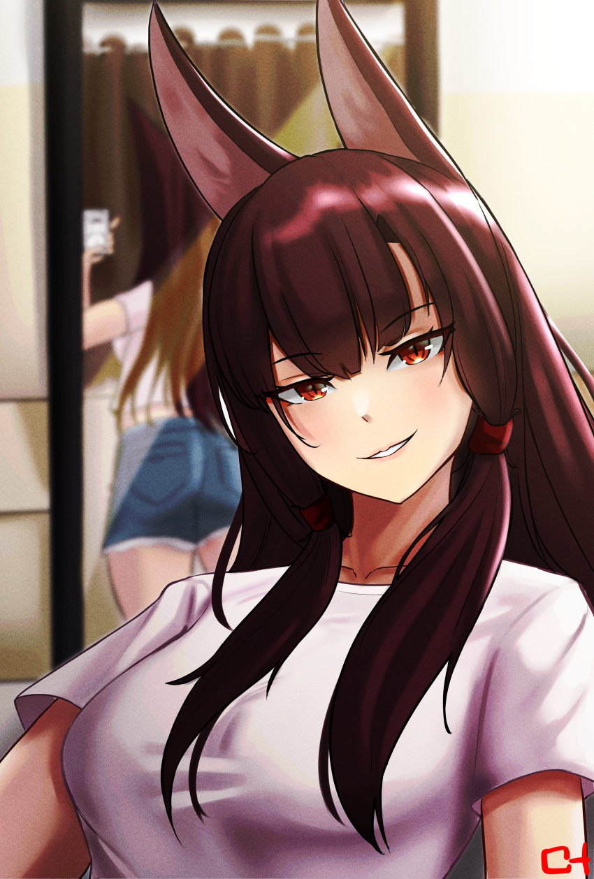1girl absurdres akagi_(azur_lane) alternate_costume animal_ears artist_name azur_lane bangs blush breasts brown_hair casual cellphone choister collarbone denim denim_shorts feet_out_of_frame fox_ears hair_ornament hairclip highres holding holding_phone long_hair looking_at_viewer medium_breasts mirror mirror_image open_mouth parted_lips phone red_eyes selfie shirt short_sleeves shorts simple_background smartphone smile solo standing upper_body white_shirt