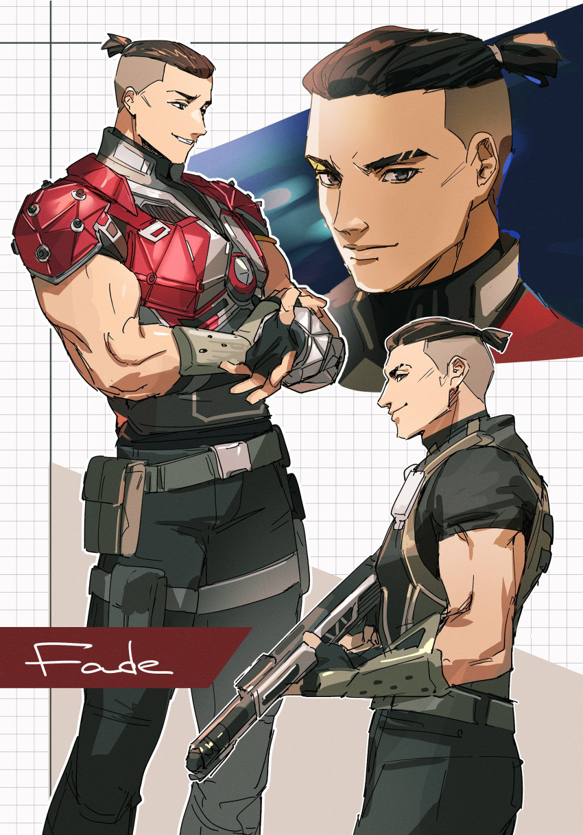 1boy absurdres apex_legends assault_rifle belt black_eyes black_gloves black_pants black_shirt brown_eyes brown_hair character_name eyebrow_cut fade_(apex_legends) fingerless_gloves gloves grey_belt gun highres holding holding_gun holding_weapon male_focus pants ponytail rifle shirt smile solo thundergotch undercut weapon