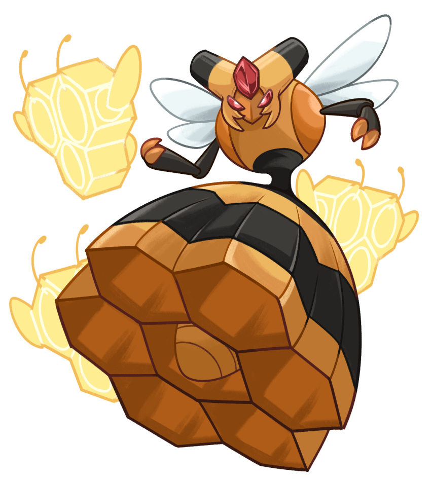 bright_pupils claws combee commentary_request full_body gem hands_up highres looking_at_viewer no_humans pokemon pokemon_(creature) red_eyes red_gemstone transparent_background vespiquen yamaegom