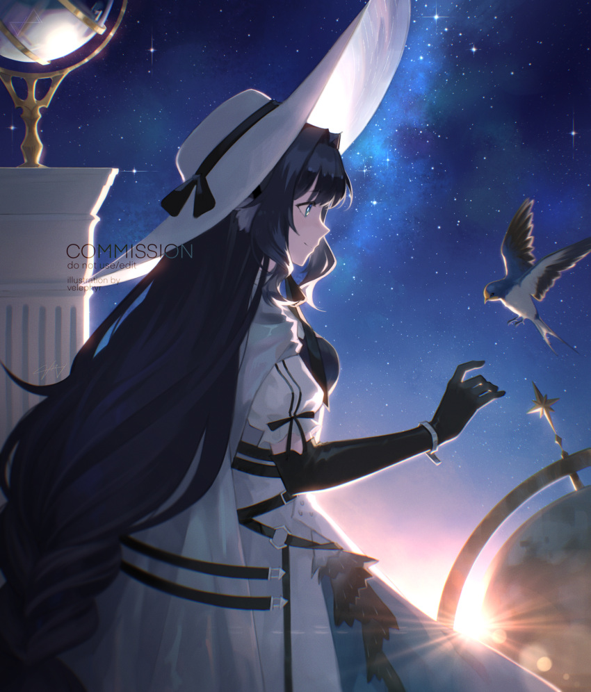 1girl arknights astesia_(arknights) bird black_gloves black_ribbon blue_eyes blue_hair blue_sky bluebird breasts cape celestial_sphere commission cowboy_shot dress elbow_gloves from_side gloves hat hat_ribbon highres large_hat long_hair night profile ribbon short_sleeves sky small_breasts smile solo star_(sky) starry_sky sunlight velephyr very_long_hair white_cape white_dress white_headwear