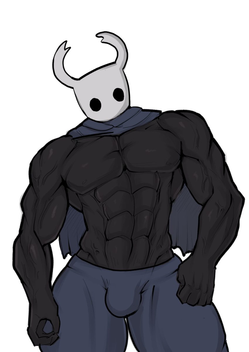 2022 abs black_body bulge cape clothed clothing fecharis front_view gesture hi_res hollow_knight humanoid male muscular muscular_humanoid muscular_male ok_sign pecs portrait protagonist_(hollow_knight) simple_background small_head solo team_cherry thechurroman three-quarter_portrait topless topless_humanoid topless_male vessel_(species) video_games white_background