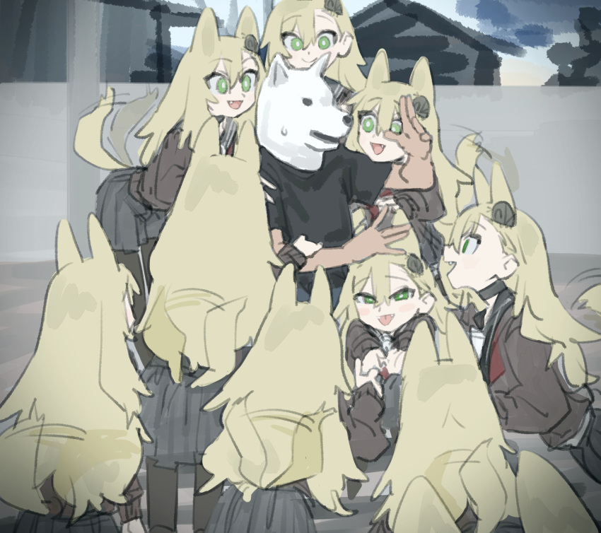 1boy 6+girls animal_ears bent_over black_legwear black_shirt black_skirt brown_shirt closed_mouth dog_ears dog_girl dog_head dog_tail fangs green_eyes hair_between_eyes highres insect_hair_ornament kneeling light_brown_hair long_hair long_sleeves looking_at_another looking_at_viewer matangom matangomu-chan multiple_girls open_mouth original shirt short_sleeves skirt smile standing surrounded tail tail_wagging