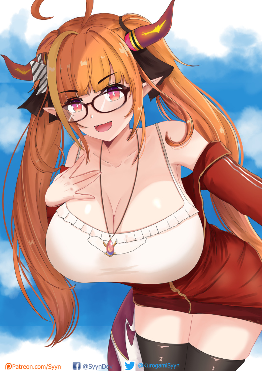 1girl ahoge artist_name bangs blonde_hair blunt_bangs bow breasts dragon_girl dragon_horns dragon_tail hairband highres hololive horn_bow horn_ornament horns kiryu_coco large_breasts long_hair multicolored_hair orange_hair patreon_username pointy_ears red_eyes sky smile solo streaked_hair syyn_(syyndev) tail virtual_youtuber