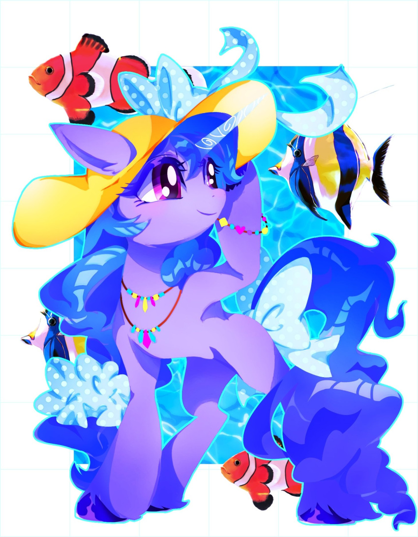 blue_hair blue_tail bracelet clothing clownfish equid equine eyelashes female feral fish hair hasbro hat headgear headwear hi_res hooves horn izzy_moonbow_(mlp) jewelry mammal marine mlp_g5 moorish_idol my_little_pony necklace pink_eyes pomacentrid smile stacy_165cut unicorn