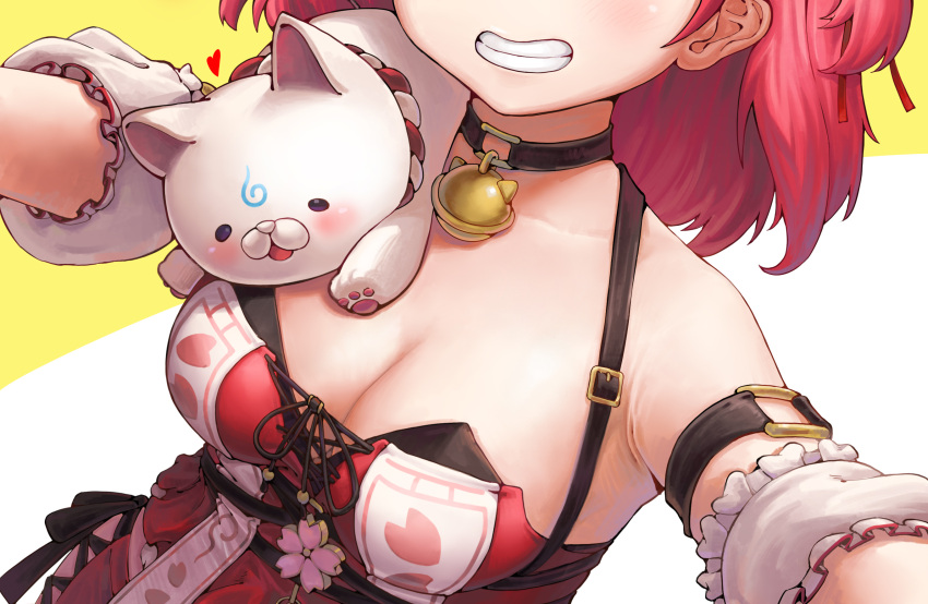 1girl 35p_(sakura_miko) animal_on_shoulder bell breasts brown_collar cat cat_on_shoulder cleavage collar detached_sleeves frilled_sleeves frills gooster grin head_out_of_frame highres hololive long_hair medium_breasts neck_bell red_hair red_shirt sakura_miko selfie shirt short_sleeves simple_background smile solo virtual_youtuber