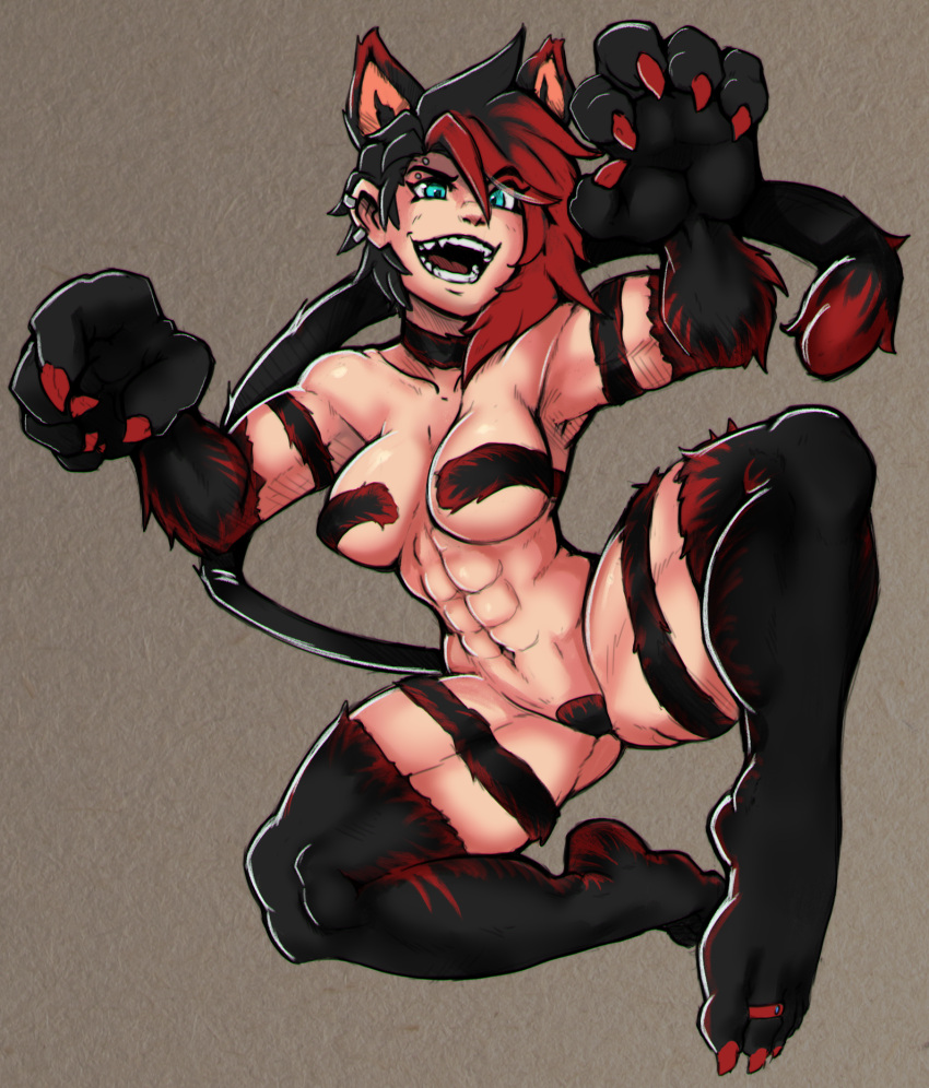 abs alternate_costume athletic biceps big_breasts blue_eyes breasts capcom cat_tail catgirl claws clothing_swap cosplay crossover darkstalkers fan_character feet felicia_(darkstalkers) female fur hair hi_res human mammal midriff multicolored_hair muscular muscular_female reliusmax ring sketch solo thick_thighs toe_claws toes tomboy toned_body toned_female two_tone_hair video_games