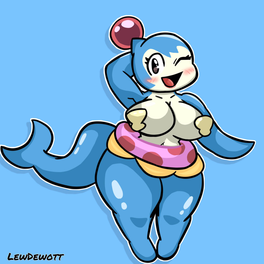 1:1 anthro anthrofied big_breasts black_eyes blue_background blue_body blush bomberman bomberman_jetters bottomwear breasts cetacean clothing delphinoid dolphin_bomber eyelashes female flotation_device gem hand_behind_head head_gem hi_res inflatable inner_tube lewdewott mammal marine navel one_eye_closed open_mouth seashell seashell_bra shell simple_background skirt solo swim_ring thick_thighs toothed_whale white_body wide_hips