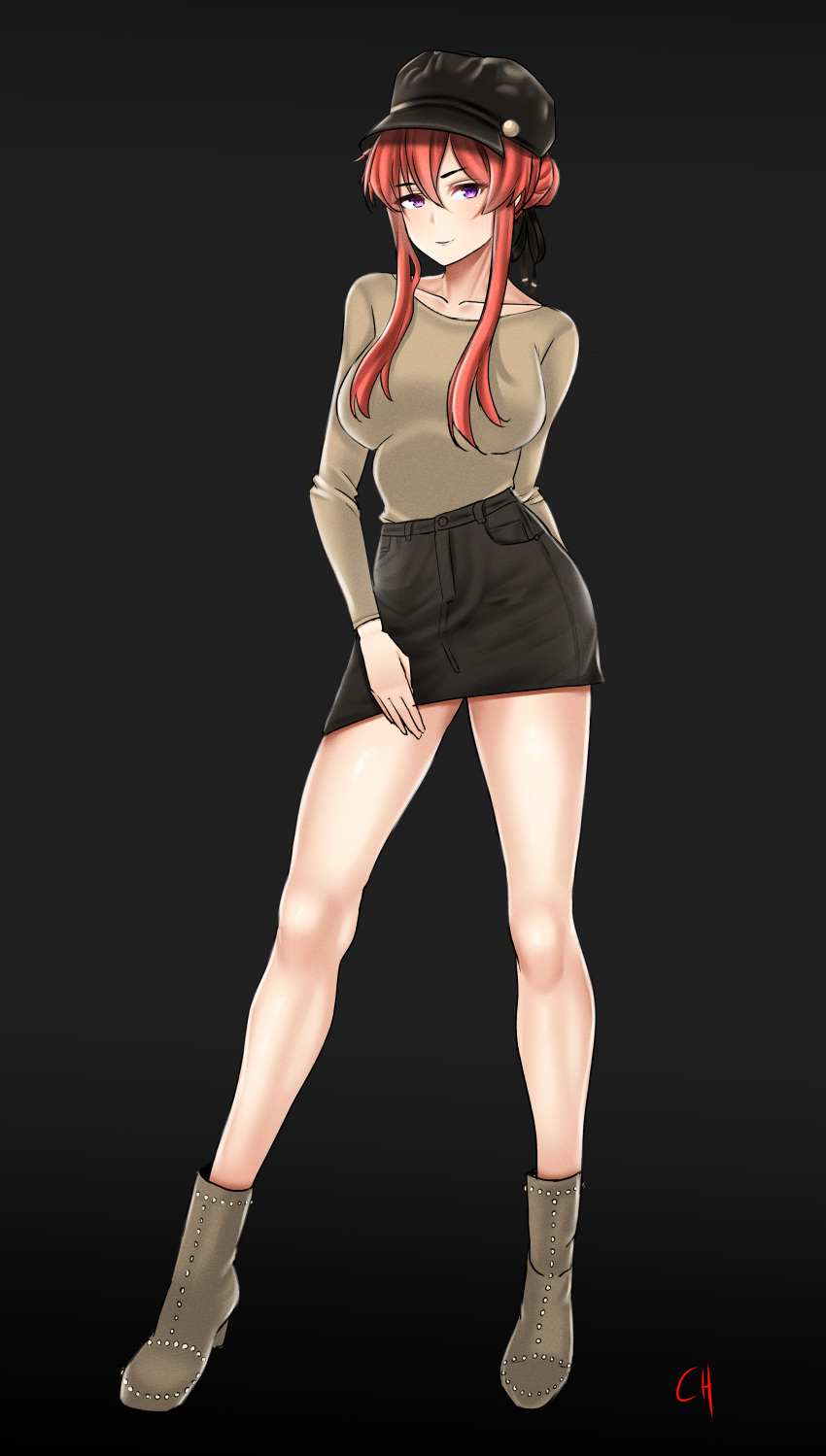 1girl absurdres alternate_costume arm_behind_back artist_name azur_lane bangs black_background black_headwear black_skirt blush boots breasts brown_footwear brown_shirt casual choister closed_mouth collarbone commentary english_commentary full_body hair_ornament hair_ribbon highres legs long_hair long_sleeves looking_at_viewer medium_breasts monarch_(azur_lane) purple_eyes red_hair ribbon shirt skirt solo standing
