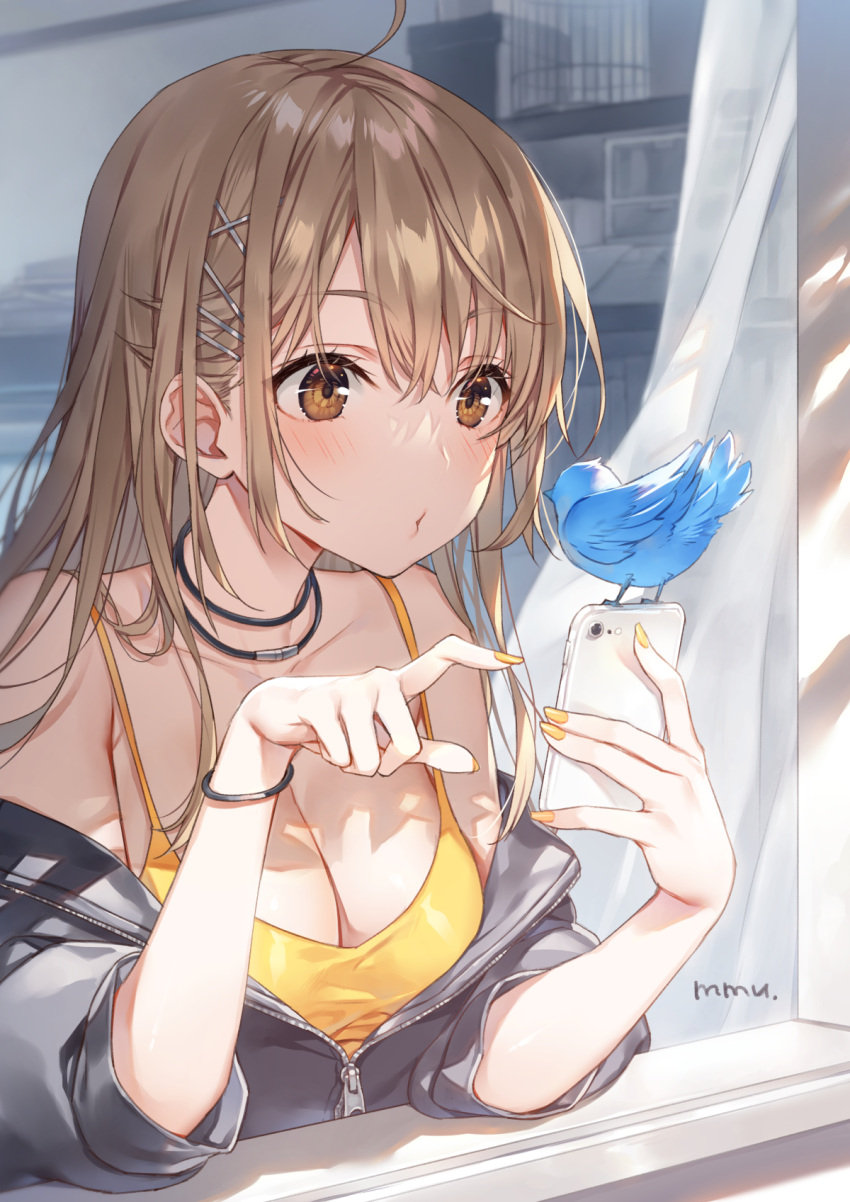 1girl ahoge artist_name bangs bird_on_phone black_jacket blue_bird blurry blurry_background blush breasts brown_eyes brown_hair cellphone cleavage elbow_rest expression_request hair_ornament hairclip highres holding holding_phone jacket jewelry large_breasts long_hair mmu nail_polish necklace off_shoulder original parted_lips phone shirt sidelocks smartphone solo spaghetti_strap swept_bangs tank_top unzipped upper_body white_curtains windowsill wristband x_hair_ornament yellow_nails yellow_shirt zipper zipper_pull_tab