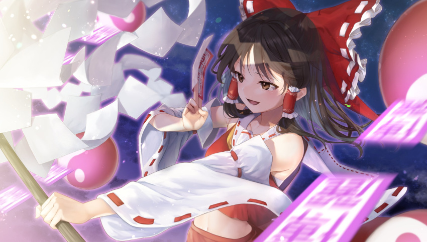 1girl :d ascot bare_shoulders bow brown_eyes brown_hair danmaku detached_sleeves frilled_bow frilled_hair_tubes frills gohei hair_bow hair_tubes hakurei_reimu highres holding japanese_clothes miko nnyara nontraditional_miko ofuda open_mouth orb red_bow red_skirt ribbon-trimmed_sleeves ribbon_trim sarashi sidelocks skirt smile solo spell_card touhou wide_sleeves yellow_ascot yin_yang