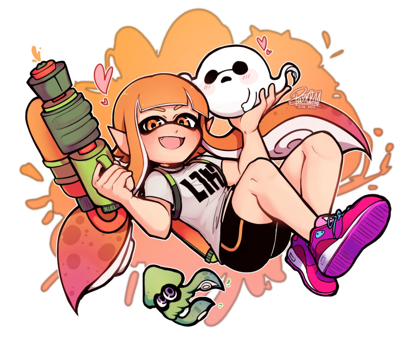 1girl bangs bike_shorts black_shorts blunt_bangs cephalopod_eyes fang fangs heart highres ink_tank_(splatoon) inkling inkling_(language) long_hair looking_at_viewer orange_hair panqlao pointy_ears shiromanta_(character) shorts single_vertical_stripe splatoon_(series) squid suction_cups super_soaker tentacle_hair