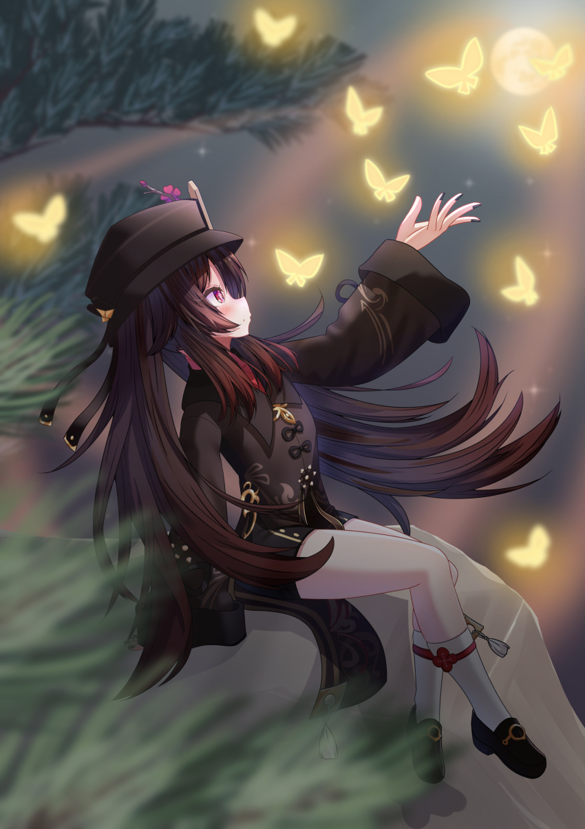 1girl absurdres bangs black_footwear black_hair branch bug butterfly chinese_clothes commentary_request flower from_side full_body full_moon genshin_impact hair_between_eyes hanamiduki25 hat hat_flower hat_ornament highres hu_tao_(genshin_impact) kneehighs long_hair long_sleeves looking_away looking_up moon night night_sky reaching red_eyes rock short_shorts shorts sidelocks sitting sky star_(sky) starry_sky symbol-shaped_pupils twintails white_legwear