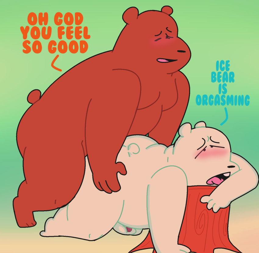 2022 anthro anukkyt belly big_belly blush brown_bear brown_body cartoon_network dialogue duo english_text eyes_closed grizzly_(wbb) grizzly_bear hi_res humanoid_hands ice_bear male male/male mammal overweight overweight_male polar_bear sex text ursid ursine we_bare_bears white_body