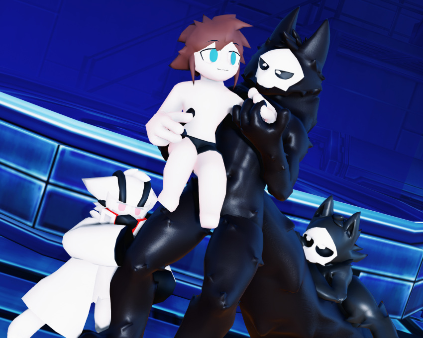 ambiguous_gender anthro black_body canid canine canis changed_(video_game) clothing coat dr._k_(changed) fur gas_mask goo_creature group hi_res human lab_coat lin_(changed) male malicekira mammal mask puro_(changed) red_eyes topwear white_body white_fur wolf