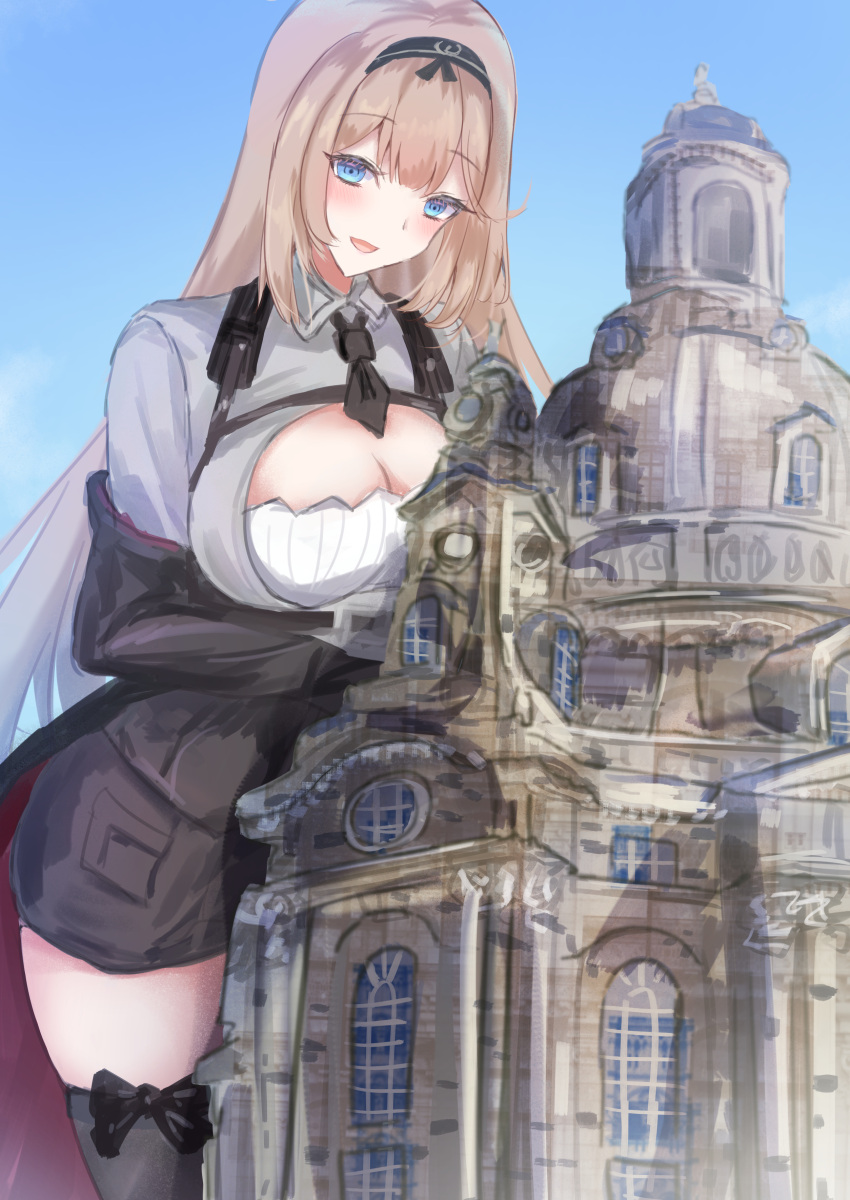 absurdres assault_rifle black_gloves black_pants blonde_hair blue_eyes breasts building castle city cleavage_cutout clothing_cutout day giant giantess girls'_frontline gloves gun highres long_hair martinreaction open_mouth pants rifle shirt sky stg-940_(girls'_frontline) stg44 thighhighs thighs weapon white_shirt