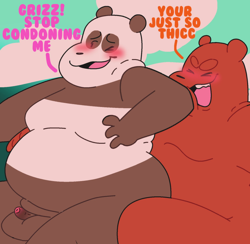 2022 anthro anukkyt balls belly big_belly black_body blush brown_body cartoon_network dialogue duo english_text erection genitals giant_panda grizzly_(wbb) hi_res humanoid_genitalia humanoid_hands humanoid_penis male male/male mammal moobs overweight overweight_male panda_(wbb) penis small_penis text ursid we_bare_bears white_body