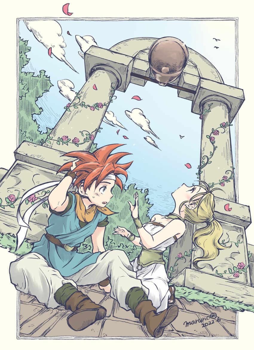 1boy 1girl arch baggy_pants bell belt bird black_shirt blonde_hair blue_tunic blush boots border breasts brick_floor bridal_gauntlets chrono_trigger cloud cloudy_sky couple crono_(chrono_trigger) falling_petals flower grass grey_pants hand_in_own_hair headband highres jewelry kneeling looking_up marle_(chrono_trigger) maruno medium_breasts medium_hair neckerchief necklace open_mouth orange_neckerchief pants petals pillar pink_flower ponytail red_hair sandals shirt sitting sky sleeveless sleeveless_shirt spiked_hair strapless strapless_shirt sweatdrop swinging t-shirt tree white_headband white_pants white_shirt