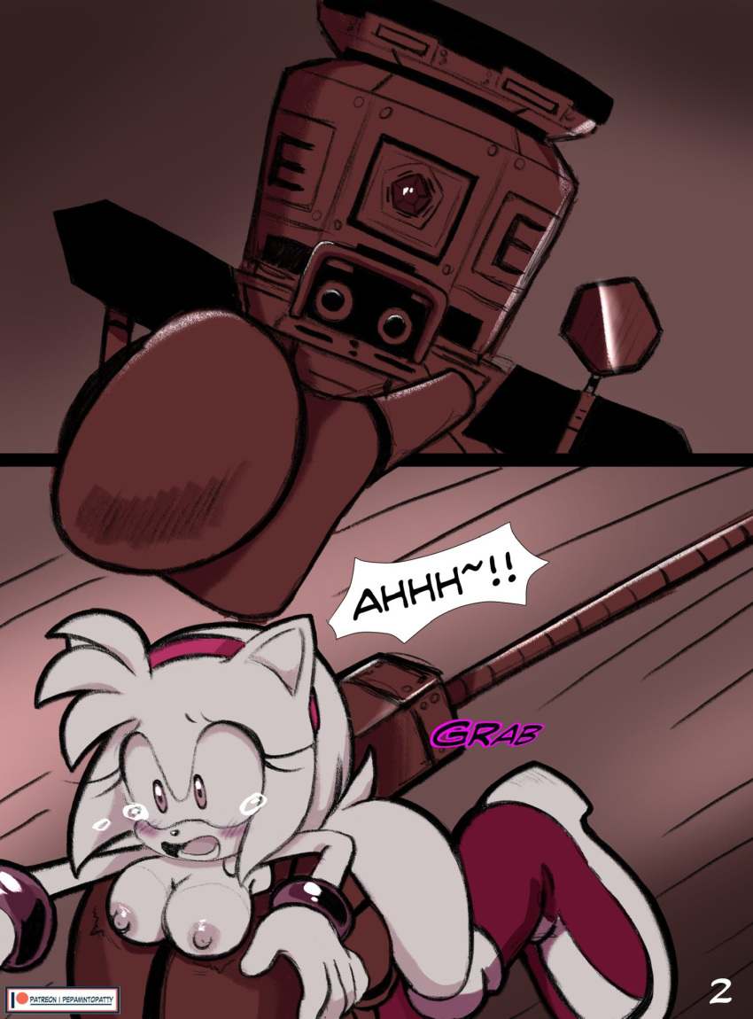 accessory amy_rose anthro big_breasts blush bodily_fluids boots bracelet breasts clothing comic curvy_figure duo eulipotyphlan female footwear gloves handwear head_tuft headband hedgehog hi_res high_heeled_boots high_heels imminent_rape jewelry machine mammal mostly_nude open_mouth pepamintop reaching robot screaming sega sonic_the_hedgehog_(series) tears thick_thighs tuft