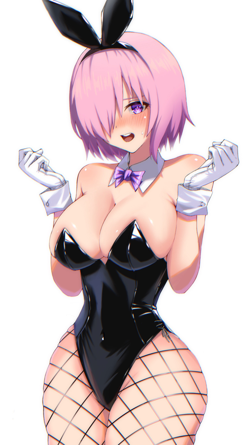 1girl absurdres animal_ears bangs bare_shoulders black_leotard blush bow bowtie breasts cleavage covered_navel detached_collar fake_animal_ears fate/grand_order fate_(series) fishnet_legwear fishnets gloves hair_over_one_eye hands_up highres large_breasts leotard looking_at_viewer mash_kyrielight nose_blush open_mouth pantyhose pink_bow pink_bowtie pink_hair playboy_bunny purple_eyes rabbit_ears shooot108 short_hair solo strapless strapless_leotard sweatdrop white_gloves wide_hips wrist_cuffs