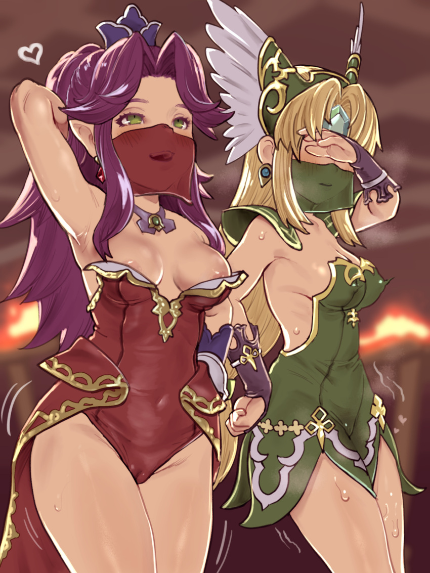 2equal8 2girls angela_(seiken_densetsu_3) armor armpits blonde_hair blush breasts bridal_gauntlets cleavage dress embarrassed gloves helmet highres holding_hands long_hair low-tied_long_hair multiple_girls open_mouth polearm riesz seiken_densetsu seiken_densetsu_3 veil very_long_hair weapon winged_helmet yuri