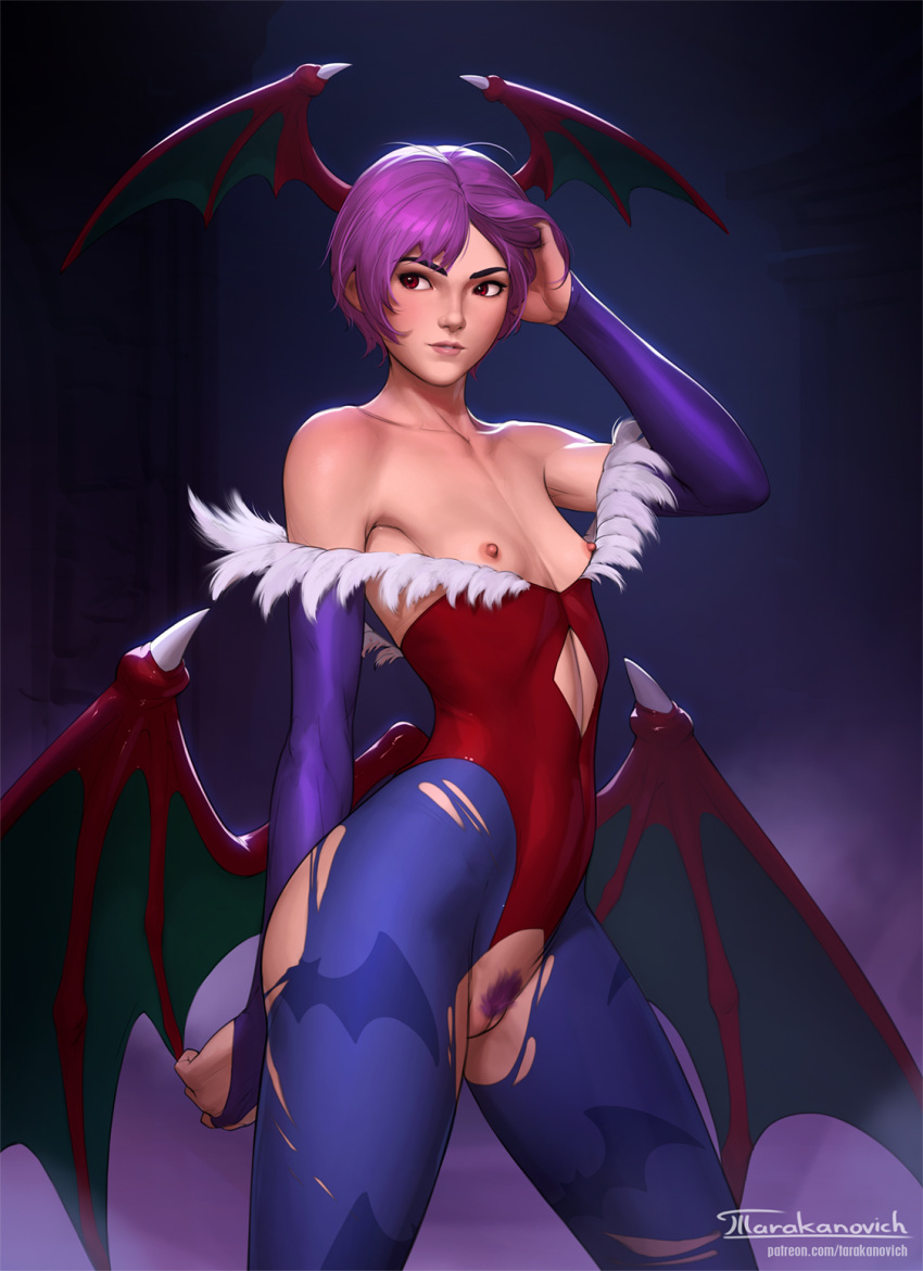 1girl animal_print artist_name bare_shoulders bat_print blue_legwear breasts bridal_gauntlets cleft_of_venus collarbone commentary demon_wings elbow_gloves english_commentary female_pubic_hair gloves hand_in_own_hair head_wings highres leotard lilith_aensland low_wings nipples pantyhose print_legwear pubic_hair purple_gloves purple_hair purple_pubic_hair pussy red_eyes red_leotard short_hair small_breasts solo tarakanovich torn_clothes torn_gloves torn_legwear torn_leotard uncensored vampire_(game) wings