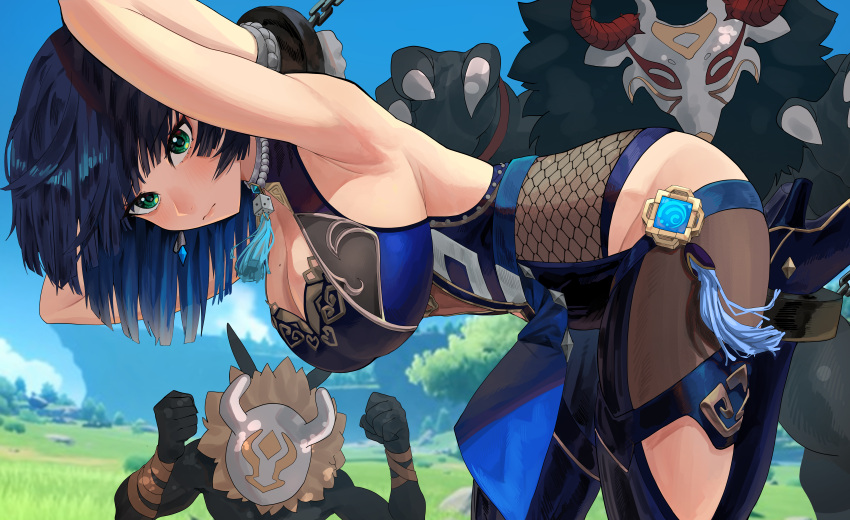 1girl 2boys absurdres armpits asymmetrical_gloves bangs bent_over black_skin bob_cut breasts chain chained colored_skin cuffs diagonal_bangs dice elbow_gloves eungi feather-trimmed_jacket genshin_impact gloves hanging_breasts hetero highres hilichurl_(genshin_impact) imminent_rape large_breasts mask mismatched_gloves mole mole_on_breast monster multiple_boys pants presenting_armpit restrained shackles single_elbow_glove tassel tassel_choker tight tight_pants vision_(genshin_impact) waist_cutout yelan_(genshin_impact)