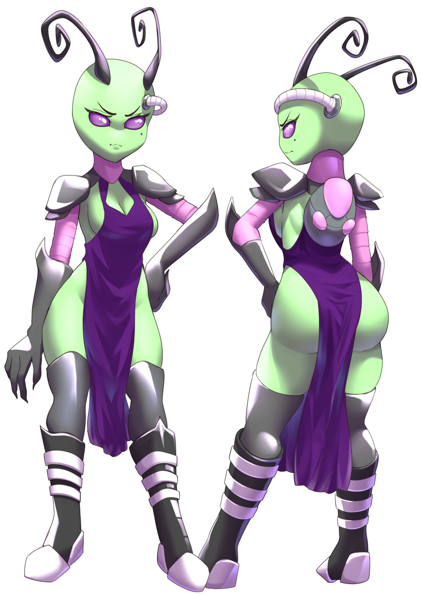 absurd_res alien alien_humanoid antennae_(anatomy) breasts clothed clothing female green_body green_skin hand_on_hip hi_res humanoid invader_zim irken legwear nickelodeon no_underwear pelvic_curtain purple_eyes side_boob side_butt tak thigh_highs