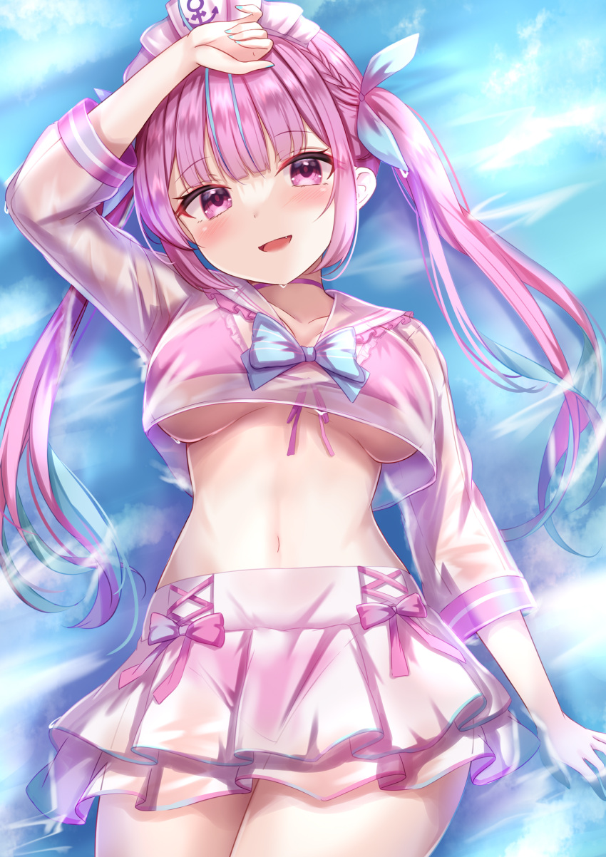 1girl :d arm_up bikini bikini_under_clothes bow bowtie braid breasts choker collarbone commentary crop_top crop_top_overhang fang frilled_shirt frills front-tie_bikini front-tie_top hair_ribbon highres hololive large_breasts layered_skirt long_hair long_sleeves looking_at_viewer lying maid_headdress midriff minato_aqua miniskirt multicolored_hair nail_polish navel on_back open_mouth pink_bikini pink_choker pink_eyes pink_hair pleated_skirt ribbon sailor_collar school_uniform see-through see-through_shirt see-through_skirt see-through_sleeves serafuku shirt skirt smile solo stomach streaked_hair string_bikini swimsuit two-tone_hair virtual_youtuber wet white_shirt white_skirt yuano