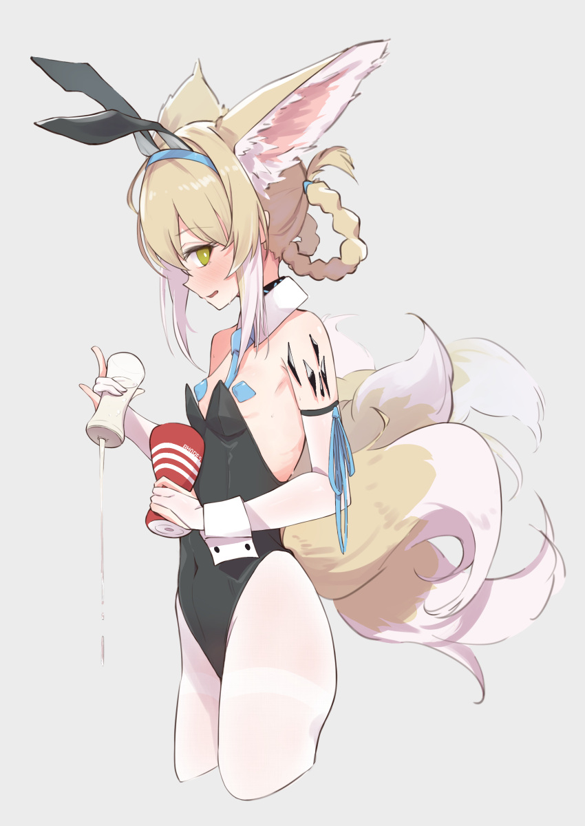 1girl absurdres alternate_costume animal_ears arknights artificial_vagina black_collar black_leotard blonde_hair blue_hairband blue_necktie blush bottle braid breasts collar commentary covered_navel cowboy_shot cropped_legs detached_collar extra_ears fake_animal_ears fox_ears fox_girl fox_tail gloves grey_background hairband highres holding holding_bottle infection_monitor_(arknights) leotard lubrication multicolored_hair multiple_tails necktie oripathy_lesion_(arknights) oversized_breast_cup pantyhose parted_lips partially_fingerless_gloves pasties playboy_bunny profile rabbit_ears sex_toy simple_background small_breasts solo streaked_hair suzuran_(arknights) tail white_collar white_gloves white_hair white_legwear white_wrist_cuffs yakurope-moko