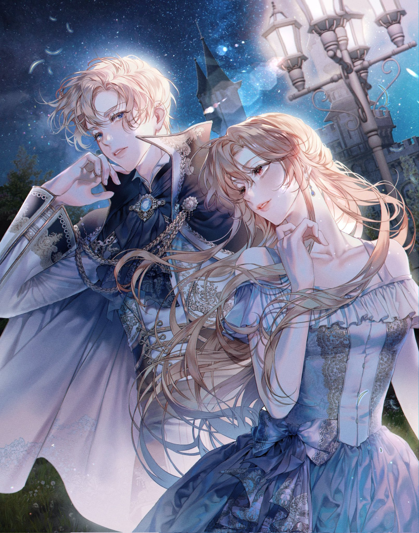 1boy 1girl blonde_hair bow cape couple dress ea_ateu earrings frilled_dress frills gloves highres jewelry lamp light_particles long_hair long_sleeves off-shoulder_dress off_shoulder open_mouth prince princess short_hair smile upper_body wind