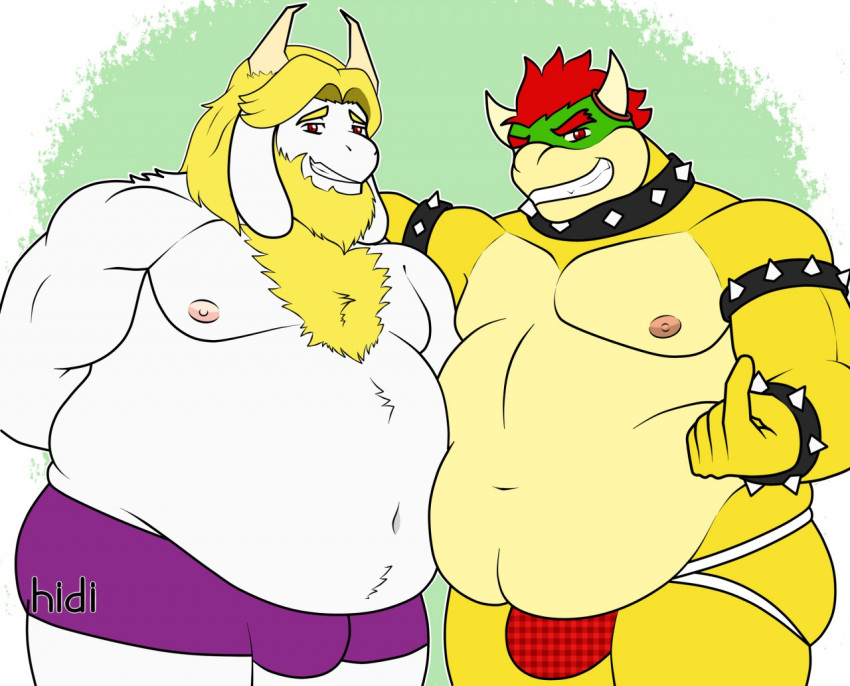 anthro asgore_dreemurr beard belly big_belly blonde_hair boss_monster bovid bowser bulge caprine clothing duo facial_hair fur goat hair hidi horn jockstrap koopa male male/male mammal mario_bros mature_male monster muscular muscular_male nintendo overweight overweight_male red_eyes red_hair reptile scalie strongfat turtle undertale undertale_(series) underwear video_games white_body white_fur