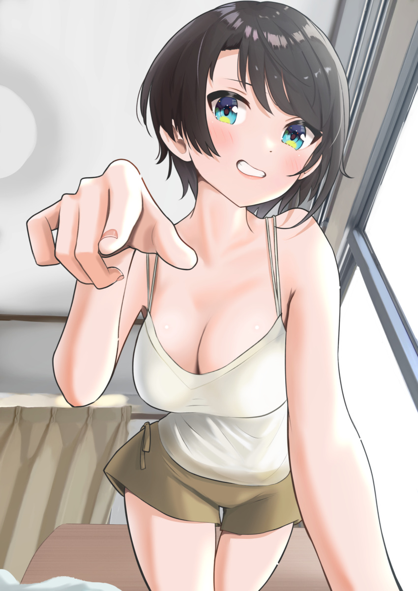 1girl bangs bare_arms blue_eyes blush breasts brown_hair cleavage cowboy_shot from_below gradient_eyes grin highres hololive indoors large_breasts leaning_forward multicolored_eyes oozora_subaru pointing pointing_at_viewer pov short_hair short_shorts shorts smile solo spaghetti_strap swept_bangs taachika tank_top teeth thighs virtual_youtuber
