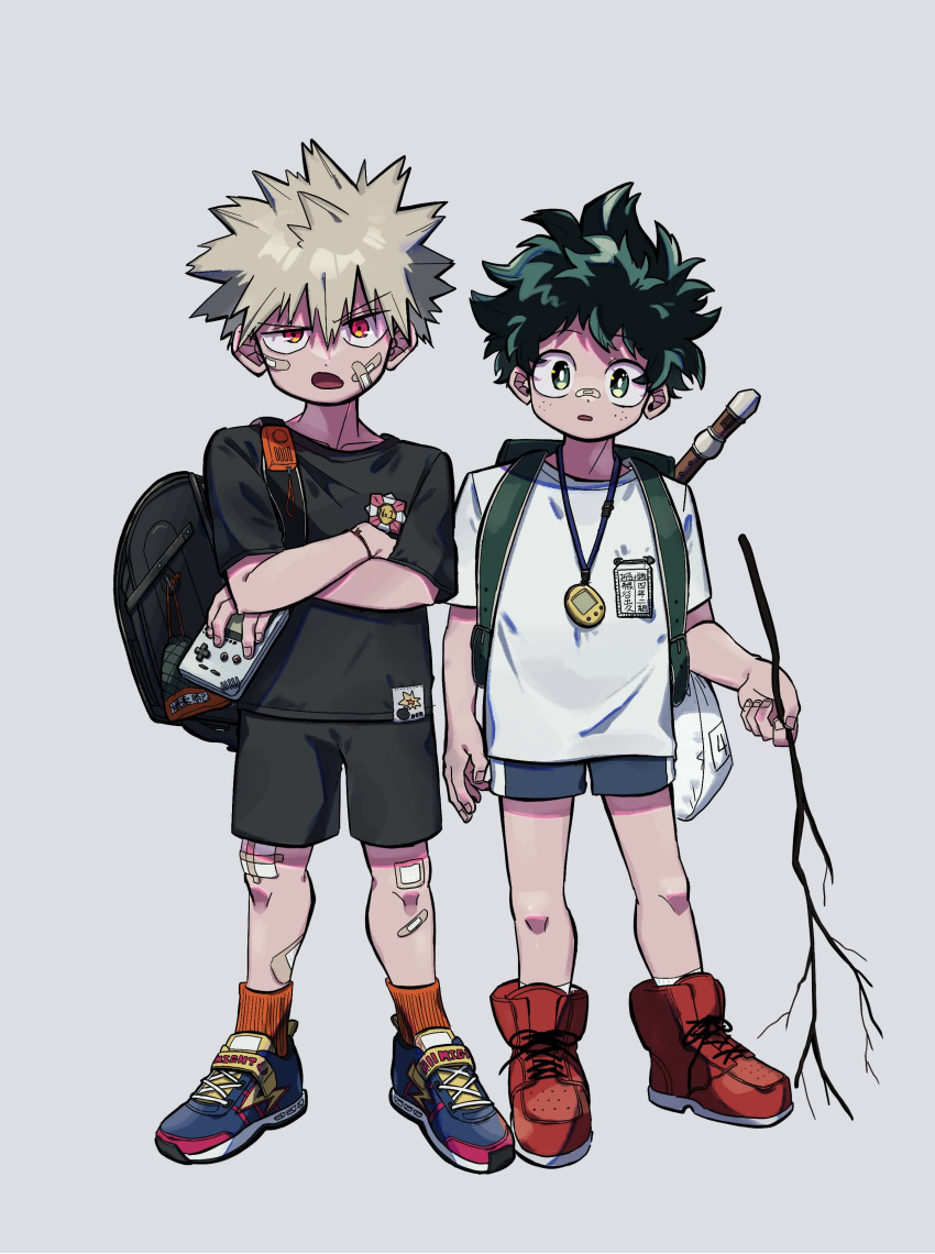 2boys absurdres backpack bag bakugou_katsuki bandaid bandaid_on_face bandaid_on_leg bandaid_on_nose black_bag black_shirt black_shorts blonde_hair blue_footwear blue_shorts boku_no_hero_academia branch child crossed_arms freckles full_body game_boy game_boy_(original) green_eyes green_hair grey_background handheld_game_console highres holding holding_branch holding_handheld_game_console looking_at_viewer male_child male_focus midoriya_izuku multiple_boys niwa2wa_tori open_mouth orange_legwear red_eyes red_footwear shirt shoes short_hair short_sleeves shorts simple_background sneakers socks spiked_hair standing tamagotchi white_shirt younger