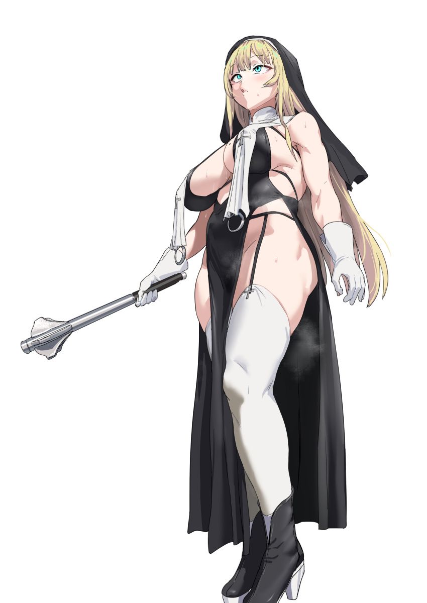 1girl bangs bare_shoulders black_footwear black_headwear blonde_hair blue_eyes blush boots breasts cleavage club_(weapon) commentary_request covered_nipples cross detached_collar full_body garter_belt garter_straps gloves groin highres holding holding_weapon large_breasts latin_cross long_hair looking_at_viewer mace mole mole_on_breast mole_under_eye nannaru_(nananana) nun original parted_lips simple_background solo sweat thick_thighs thighhighs thighs translation_request underboob weapon white_gloves white_legwear