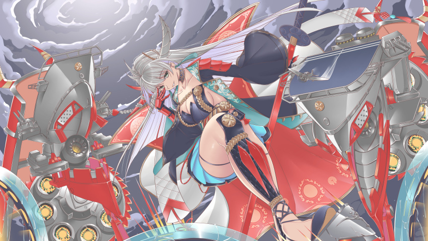 1girl absurdres aircraft airplane armor asymmetrical_horns azur_lane breasts cleavage cloud cloudy_sky dress flight_deck from_below grey_sky hair_on_horn hakuryuu_(azur_lane) hand_on_own_face highres horns japanese_armor large_breasts long_hair looking_at_viewer looking_down multiple_horns ootachi pleated_dress red_horns rigging sakuramon sash sky solo suneate very_long_hair white_eyes white_hair white_horns white_sash wide_sleeves zhu_guan_ye