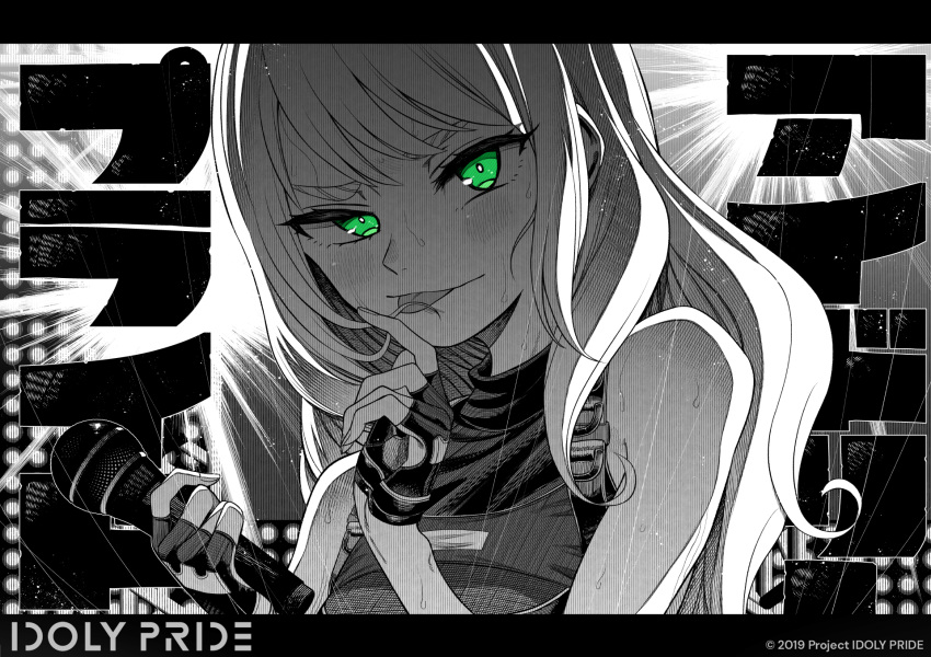 1girl bangs fran_(idoly_pride) green_eyes greyscale guest_art highres idol idoly_pride long_hair microphone monochrome upper_body youtike