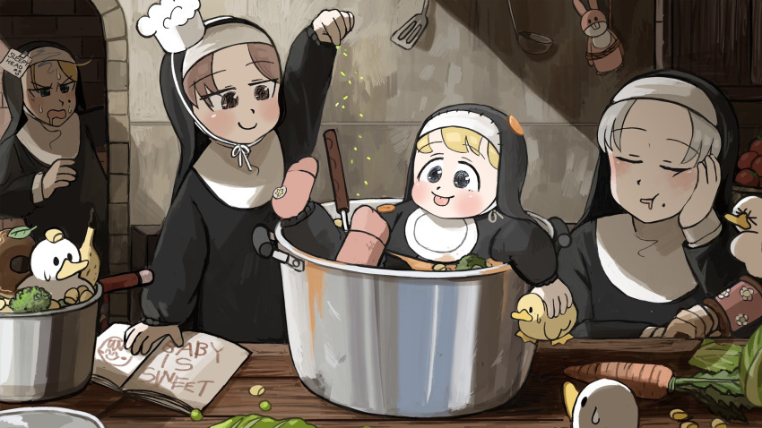 4girls :p banana bird blonde_hair blue_eyes brown_eyes brown_hair carrot catholic chef_hat chicken closed_eyes clumsy_nun_(diva) corn diva_(hyxpk) drooling duck duckling food fruit grey_hair grumpy_nun_(diva) habit hand_on_own_cheek hand_on_own_face hat highres hungry_nun_(diva) in_pot ladle little_nuns_(diva) mini_chef_hat mole mole_on_cheek mole_under_mouth multiple_girls nun pink_legwear rope smile smug_nun_(diva) socks sticker sticker_on_leg stuffed_animal stuffed_bunny stuffed_toy tomato tongue tongue_out younger