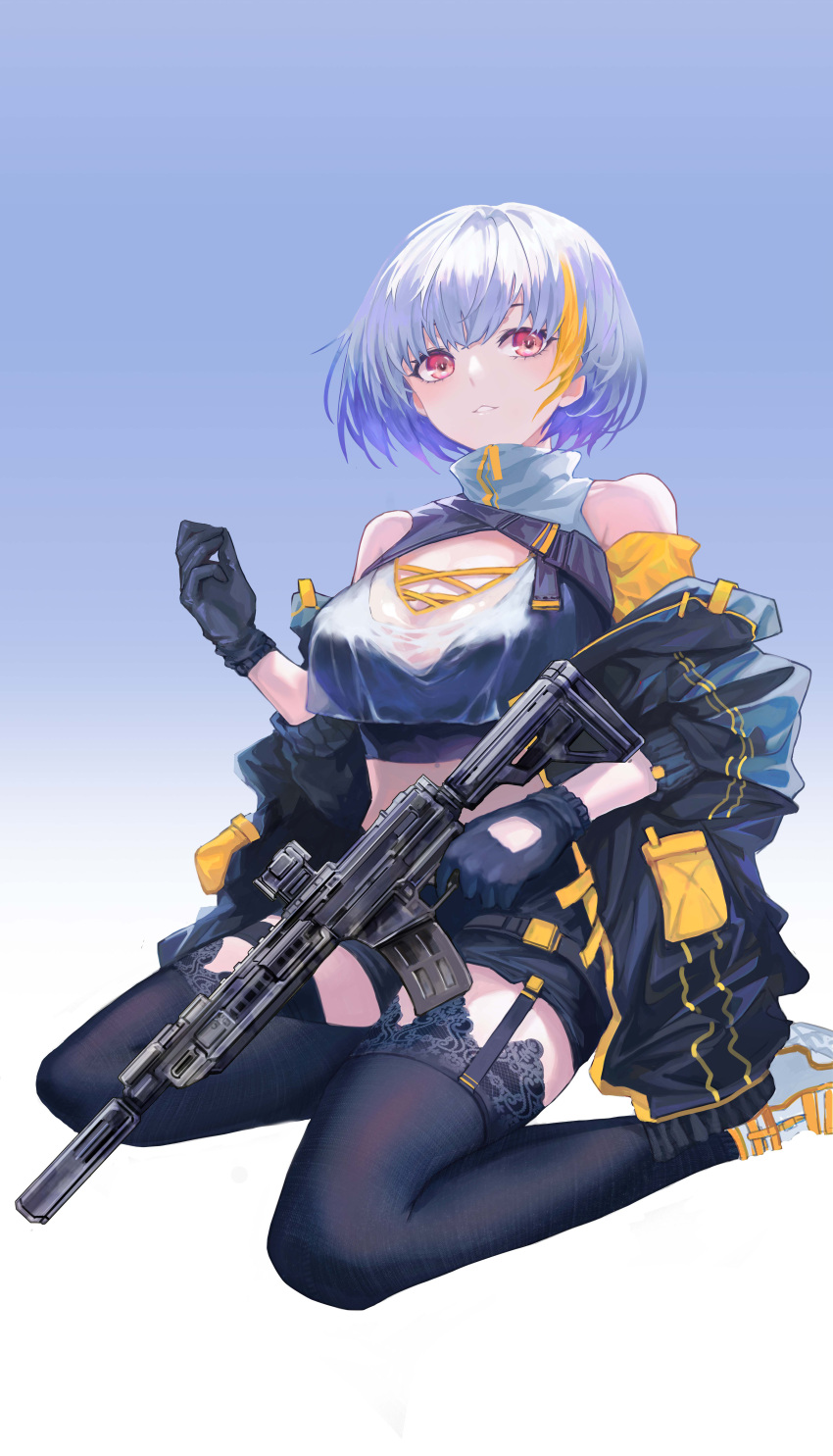 1girl absurdres assault_rifle bangs bare_shoulders black_gloves black_jacket black_legwear black_shorts blonde_hair blue_background bob_cut breasts cleavage commentary cross-laced_clothes cross-laced_top cutout_gloves eyebrows_behind_hair full_body garter_straps gloves gradient gradient_background gun hand_up highres holding holding_gun holding_weapon jacket kiwi_(lzwentea) large_breasts looking_to_the_side multicolored_hair off_shoulder original parted_lips red_eyes rifle see-through shoes short_hair shorts simple_background sitting sneakers solo streaked_hair teeth two-tone_background two-tone_hair weapon white_background white_footwear white_hair yokozuwari zipper_pull_tab