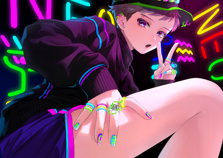 1boy absurdres body_piercings brown_hair ear_piercing gumi_gorira hat highres jacket jewelry long_sleeves looking_at_viewer male_focus nail_polish neon_trim open_mouth original piercing purple_eyes ring short_hair shorts solo thighs v