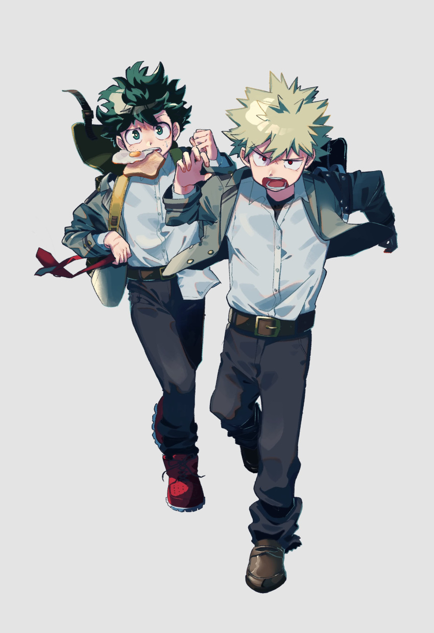 2boys absurdres bakugou_katsuki belt blazer blonde_hair boku_no_hero_academia brown_belt brown_footwear clenched_hand collared_shirt flower food food_in_mouth freckles fried_egg fried_egg_on_toast full_body green_eyes green_hair grey_background grey_jacket highres holding_necktie jacket late_for_school looking_at_viewer male_focus midoriya_izuku mouth_hold multiple_boys necktie niwa2wa_tori open_clothes open_jacket open_mouth pants red_flower red_necktie running school_uniform shirt shoes short_hair simple_background spiked_hair toast toast_in_mouth u.a._school_uniform white_shirt