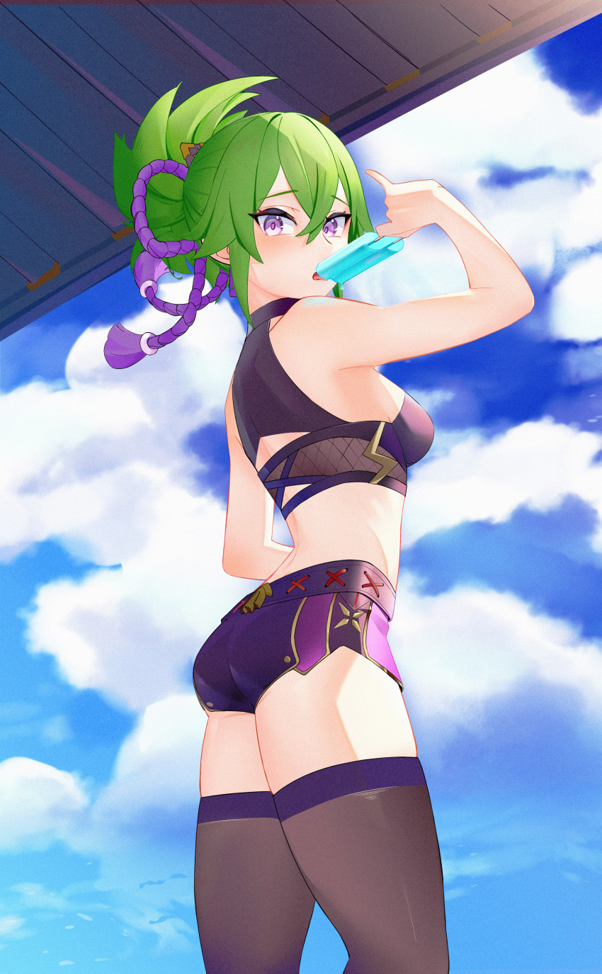 1girl absurdres ass bare_shoulders blue_sky blush breasts cloud cloudy_sky crop_top day fishnet_top fishnets food from_side genshin_impact green_hair hair_ornament highres ice_cream jingzizaz kuki_shinobu looking_at_viewer midriff ninja open_mouth ponytail purple_eyes short_shorts shorts sideboob sky small_breasts solo standing thighhighs