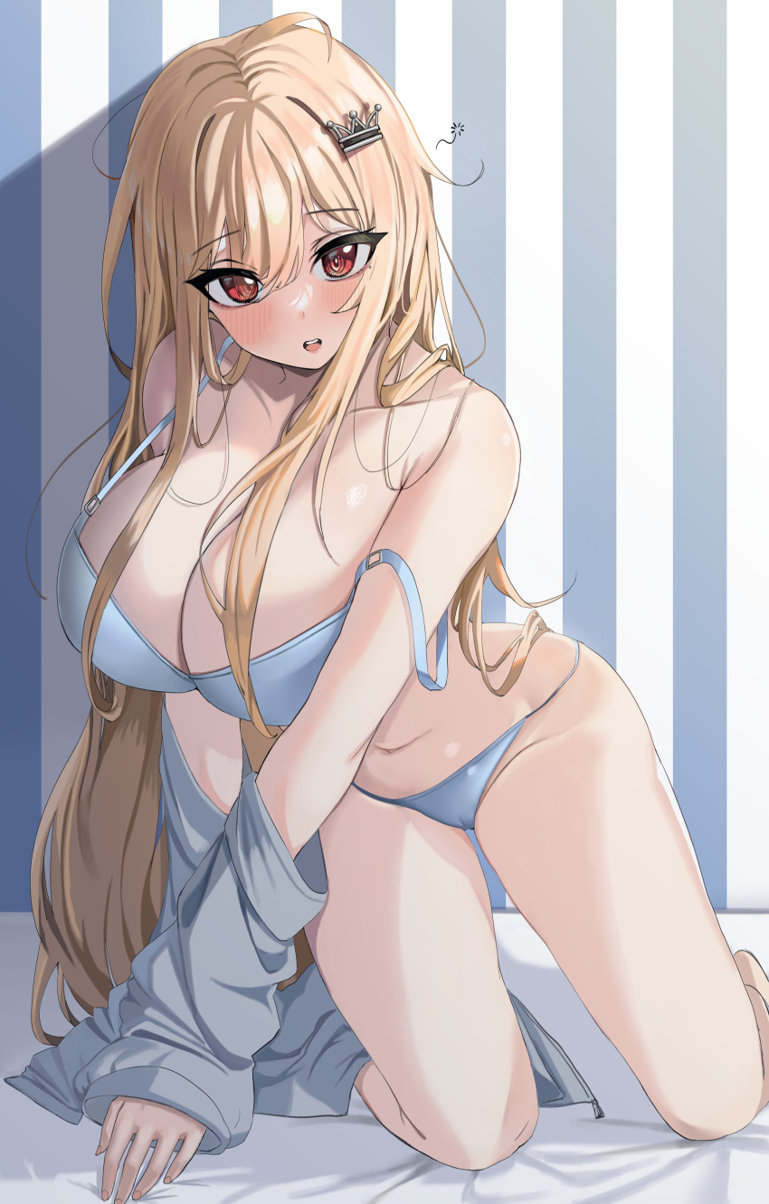 1girl absurdres bare_shoulders bent_over blonde_hair bra bra_slip bra_strap breasts cleavage hair_ornament hairpin highres large_breasts leaning_forward looking_at_viewer navel original panties partially_undressed red_eyes shirt_removed solo thighs tongtangtong underwear white_bra white_panties