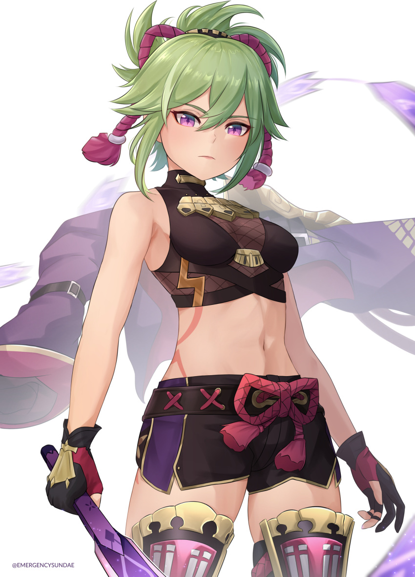 1girl absurdres artist_name bare_arms breasts closed_mouth cowboy_shot crop_top emergencysundae fishnet_top fishnets genshin_impact gloves hair_ornament highres holding holding_sword holding_weapon jacket kuki_shinobu looking_at_viewer mask midriff navel no_mask ponytail purple_jacket shorts simple_background solo sword thighhighs weapon white_background